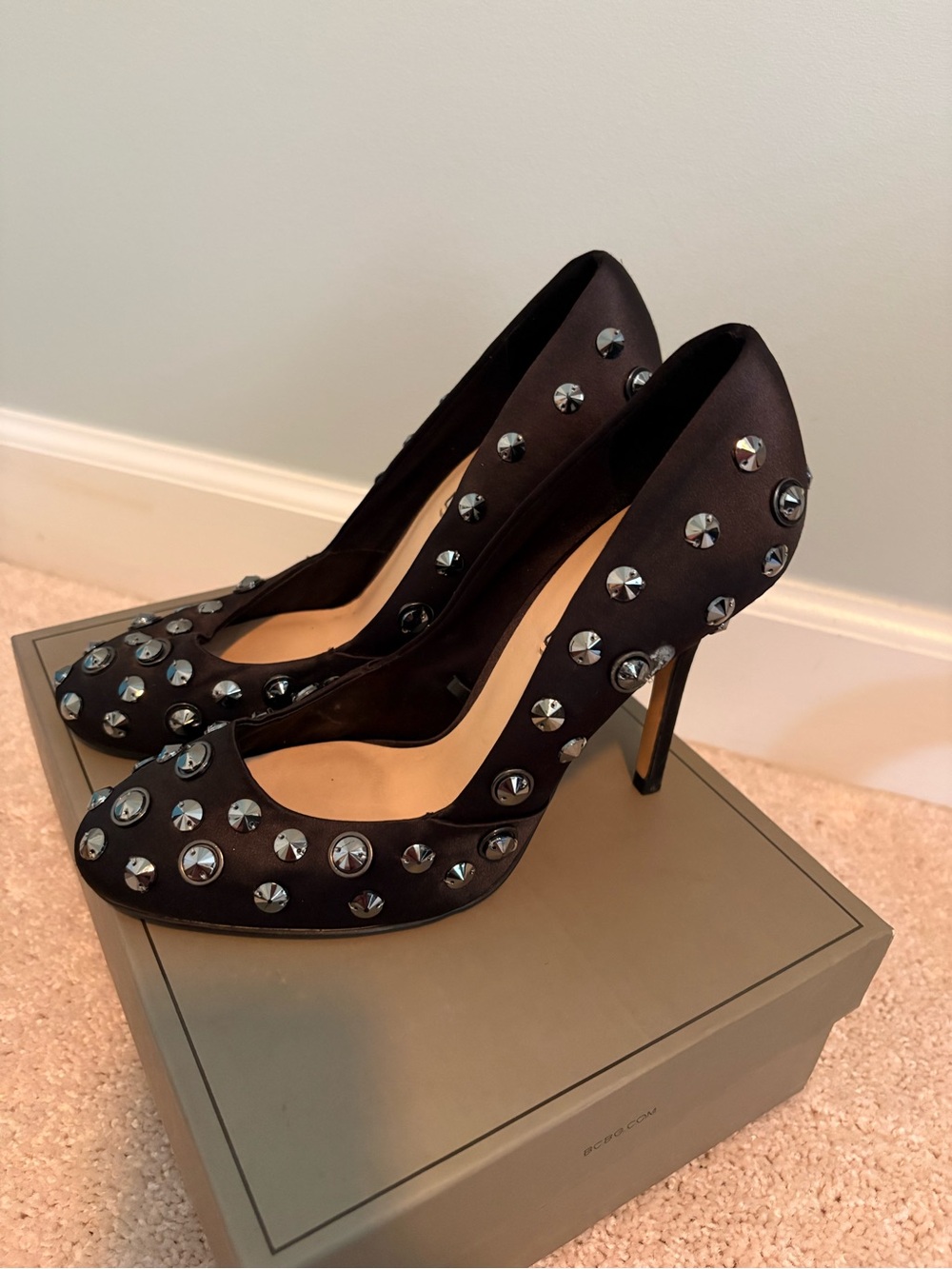 Zara Black Satin High Heel Pumps with Silver Studs